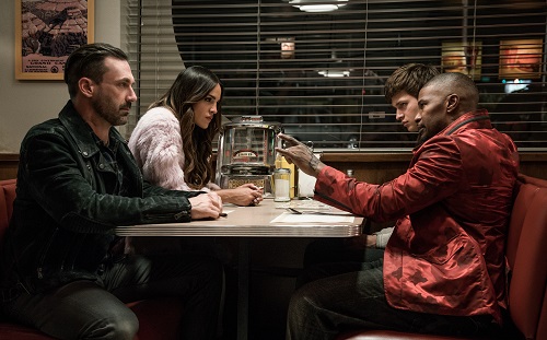 (l to r) Buddy (Jon Hamm), Darling (Eiza Gonzalez), Baby (Ansel Elgort) and Bats (JAMIE FOXX) discuss the next heist in TriStar Pictures' BABY DRIVER. Sony Pictures Entertainment 2017, All Rights Reserved.