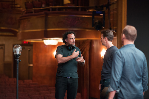 Director Alejandro G. IÃ±Ã¡rritu, Edward Norton, and Michael Keaton on the set of BIRDMAN.