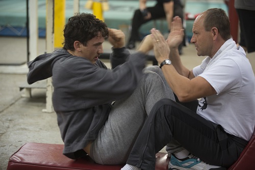 (Left to right) Miles Teller and Aaron Eckhart in BLEED FOR THIS. Photo courtesy Open Road Films.