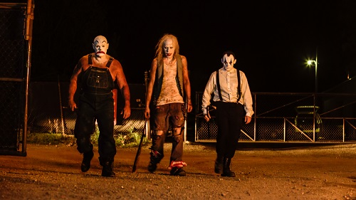 Chris Hahn as Machete Clown, David Greathouse as Baseball Clown, and Ryan Pilz as Crowbar Clown in the horror film CLOWNTOWN, an ITN Distribution release. Photo courtesy of ITN Distribution.