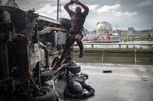 Deadpool (Ryan Reynolds) pounces on an adversary. Photo credit: Joe Lederer, 2015 Marvel and 20th Century Fox Film Corporation. Deadpool (Ryan Reynolds) pounces on an adversary. Photo credit: Joe Lederer, 2015 Marvel and 20th Century Fox Film Corporation.