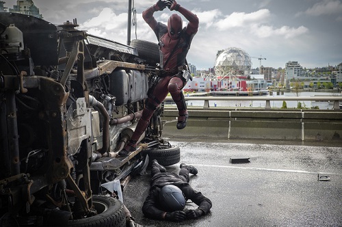 Deadpool (Ryan Reynolds) pounces on an adversary. Photo credit: Joe Lederer, 2015 Marvel and 20th Century Fox Film Corporation.