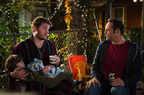 Vince Vaughn as David Wozniak and Chris Pratt as Brett in Delivery Man. 2013 DreamWorks II Distribution Co.