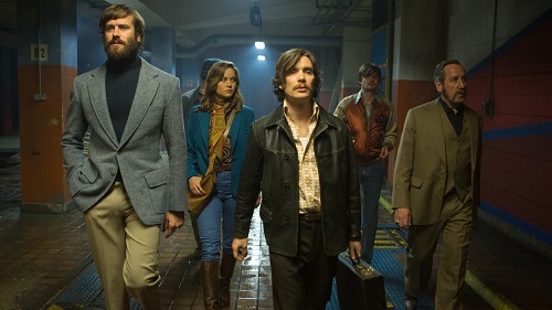 Armie Hammer, Brie Larson, Cillian Murphy, Sam Riley and Michael Smiley in Free Fire, photo by Kerry Brown courtesy of A24.