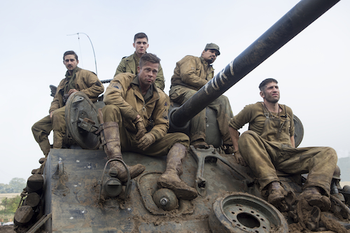 Don Wardaddy Collier (Brad Pitt, centered) and his men Boyd Swan (Shia LaBeouf), Norman Ellison (Logan Lerman), Trini Garcia (Michael Pena) and Grady Travis (Jon Bernthal) in Columbia Pictures' FURY. Photo Credit: Giles Keyte. 2014 CTMG, Inc. All Rights Reserved. ALL IMAGES ARE PROPERTY OF SONY PICTURES ENTERTAINMENT INC. FOR PROMOTIONAL USE ONLY.