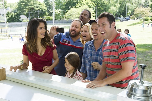Roxanne Feder (Salma Hayek), Eric Lamonsoff (Kevin James), Becky Feder (Alexys Nicole Sanchez), Kurt McKenzie (Chris Rock), Sally Lamonsoff (Maria Bello), Lenny Feder (Adam Sandler) and Marcus Higgins (David Spade) at The Ice Cream House in Columbia Pictures' GROWN UPS 2. PHOTO BY: Tracy Bennett COPYRIGHT: 2013 CTMG. All Rights Reserved. **ALL IMAGES ARE PROPERTY OF SONY PICTURES ENTERTAINMENT INC. FOR PROMOTIONAL USE ONLY. Roxanne Feder (Salma Hayek), Eric Lamonsoff (Kevin James), Becky Feder (Alexys Nicole Sanchez), Kurt McKenzie (Chris Rock), Sally Lamonsoff (Maria Bello), Lenny Feder (Adam Sandler) and Marcus Higgins (David Spade) at The Ice Cream House in Columbia Pictures' GROWN UPS 2. PHOTO BY: Tracy Bennett COPYRIGHT: 2013 CTMG. All Rights Reserved. **ALL IMAGES ARE PROPERTY OF SONY PICTURES ENTERTAINMENT INC. FOR PROMOTIONAL USE ONLY.