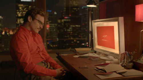 Joaquin Phoenix as Theodore in Her. 2014 Warner Bros. Pictures. Joaquin Phoenix as Theodore in Her. 2014 Warner Bros. Pictures.
