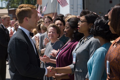 Katherine G. Johnson (Taraji P. Henson), flanked by fellow mathematicians Dorothy Vaughan (Octavia Spencer) and Mary Jackson (Janelle Monáe) meet the man they helped send into orbit, John Glenn (Glen Powell), in HIDDEN FIGURES. Photo Credit: Hopper Stone, 2016 Twentieth Century Fox Film Corporation. All Rights Reserved.