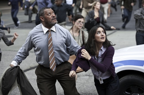 LAURENCE FISHBURNE as Perry White and REBECCA BULLER as Jenny in Warner Bros. Pictures' and Legendary Pictures' action adventure MAN OF STEEL, a Warner Bros. Pictures release. TM and Â© DC Comics. Photo by Clay Enos