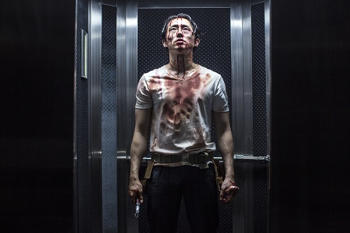 Steven Yeun as Derek Cho in the horror, action film MAYHEM, an RLJE Films release. Photo courtesy of Sanja Bucko.