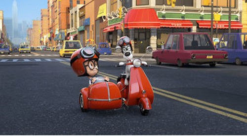 Sherman voiced by Max Charles and Mr. Peabody voiced by Ty Burell in Mr. Peabody & Sherman. 2014 Twentieth Century Fox.
