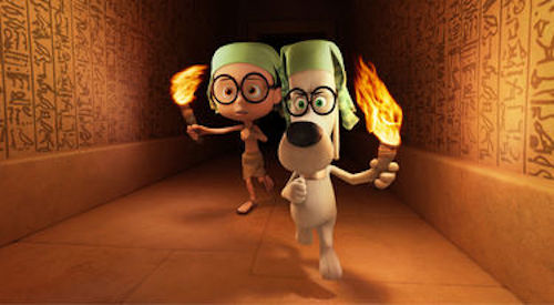 Sherman voiced by Max Charles and Mr. Peabody voiced by Ty Burell in Mr. Peabody & Sherman. 2014 Twentieth Century Fox.