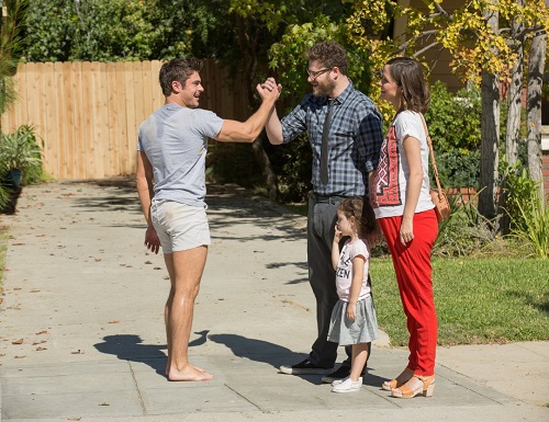 Rose Byrne, Seth Rogen, Zac Efron, Elise Vargas, and Zoey Vargas in Neighbors 2: Sorority Rising (2016).  Photo courtesy Universal Pictures.