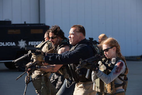 Joe Manganiello as Grinder, Arnold Schwarzenegger as Breacher and Mireille Enos as Lizzy in Sabotage. 2014 Open Road Films.