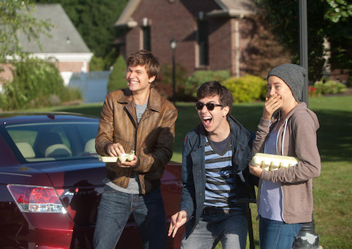 Gus (Ansel Elgort), Isaac (Nat Wolff), and Hazel (Shailene Woodley) enjoy their egg-throwing prank. Photo Credit: James Bridges Â© 2013 Twentieth Century Fox Film Corporation. All Rights Reserved. Not for Sale or Duplication.