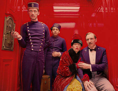 Paul Schlase as Igor, Tony Revelori as Zero, Tilda Swinton as Madame D. and Ralph Fiennes as M. Gustave. in The Grand Budapest Hotel. 2014 Fox Seachlight Pictures.