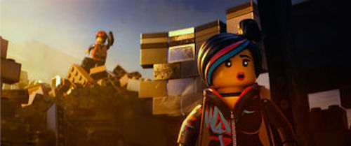 Emmet voiced by Chris Pratt and Wyldstyle voiced by Elizabeth Banks in The LEGO Movie. 2014 Warner Bros.