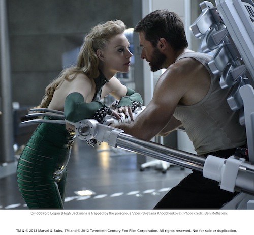 Logan (Hugh Jackman) is trapped by the poisonous Viper (Svetlana Khodchenkova). Photo credit: Ben Rothstein.