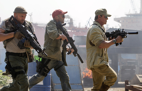 (From left to right) Toll Road (Randy Couture), Lee Christmas (Jason Statham) and Barney Ross (Sylvester Stallone) in THE EXPENDABLES 3. Photo Credit: Phil Bray.