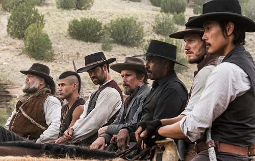 (l to r) Vincent D'Onofrio, Martin Sensmeier, Manuel Garcia-Rulfo, Ethan Hawke, Denzel Washington, Chris Pratt and Byung-hun Lee star in Metro-Goldwyn-Mayer Pictures and Columbia Pictures' THE MAGNIFICENT SEVEN. Photo courtesy Sony Pictures Entertainment INC., All Rights Reserved.