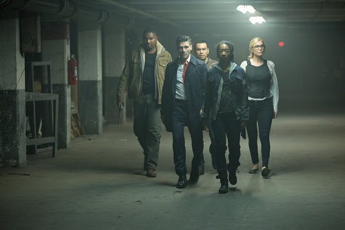 Frank Grillo, Elizabeth Mitchell, Mykelti Williamson, Joseph Julian Soria, and Betty Gabriel in The Purge: Election Year (2016).  Photo by Michele K. Short courtesy of Universal Pictures.