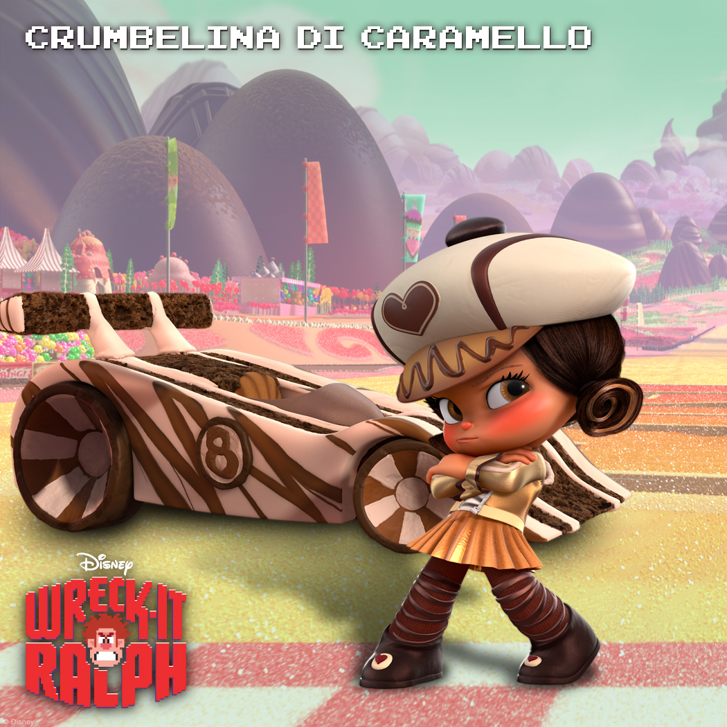 Crumbelina DiCaramello: Likes it Luxe  With the exterior of a polished piece of peppermint, Crumbelina DiCaramello is the poshest racer in Sugar Rush. But when it comes to racing, extravagance and wealth don’t distract DiCaramello: She considers herself a down-and-dirty racer.