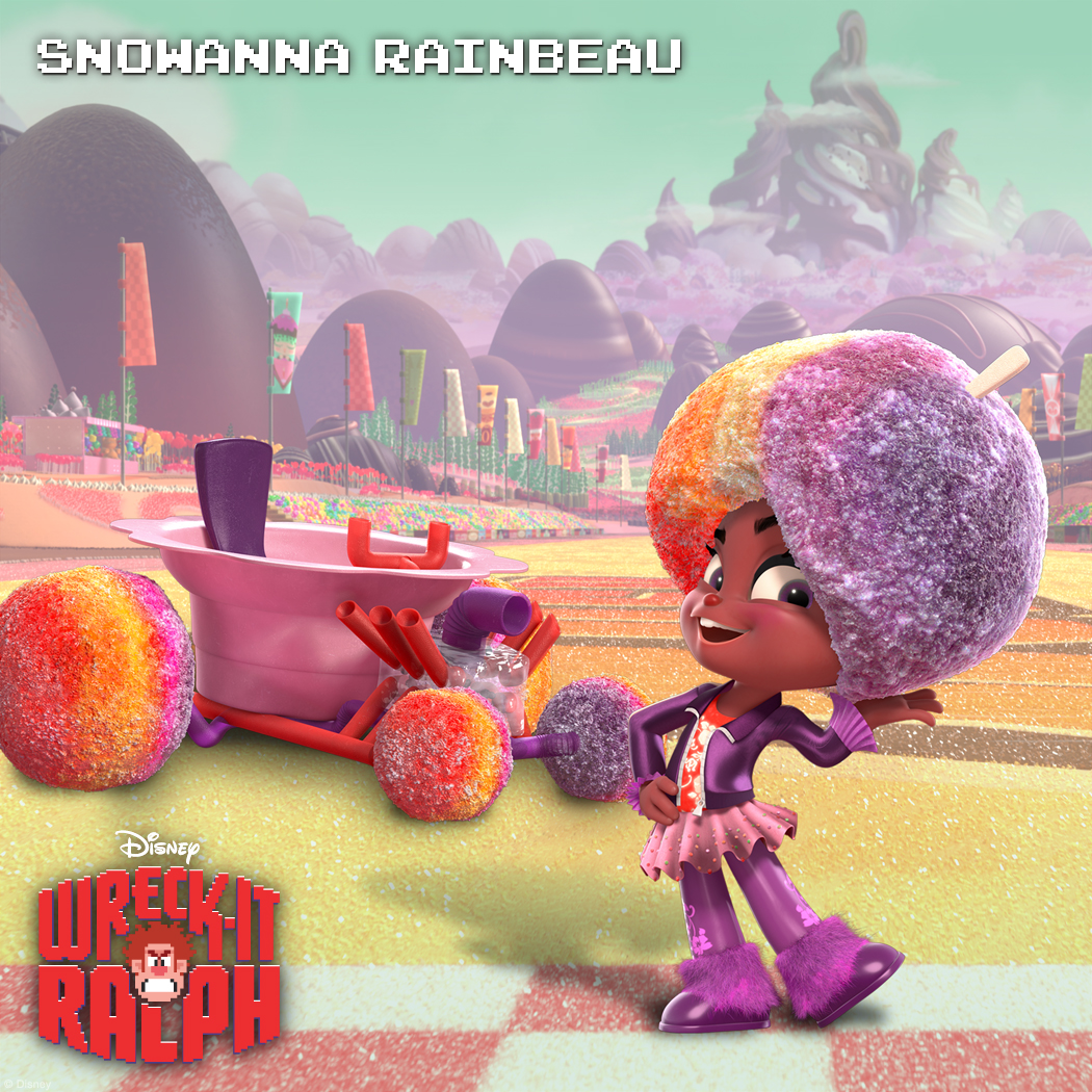 Snowanna Rainbeau: Cool Chick A Sugar Rush racer with some serious style, Snowanna Rainbeau is a vivacious young spirit with a personality as loud and colorful as her hairdo. With a boogying beat in her soul, she's as cool as ice! Watch out racers, she'll lay down a funky track with her chilling charm and you'll never see it coming!