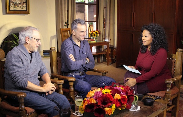Oprah Winfrey, Steven Spielberg, and Daniel Day-Lewis.  Photo credit: (c) Harpo Studios, Inc Photographer: George Burns 