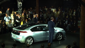 Bob Lutz with a Chevy Volt at a Press Event