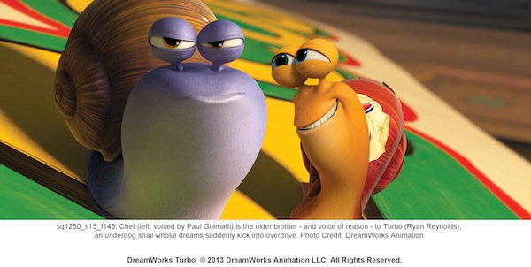 Chet (left, voiced by Paul Giamatti) is the older brother - and voice of reason - to Turbo (Ryan Reynolds), an underdog snail whose dreams suddenly kick into overdrive.