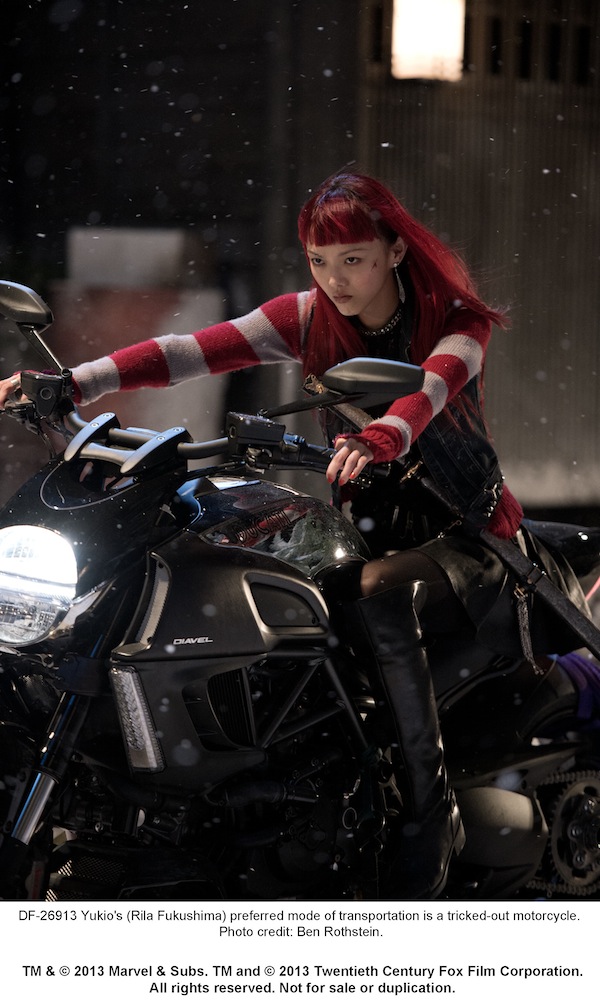 Yukio´s (Rila Fukushima) preferred mode of transportation is a tricked-out motorcycle. Photo credit: Ben Rothstein.