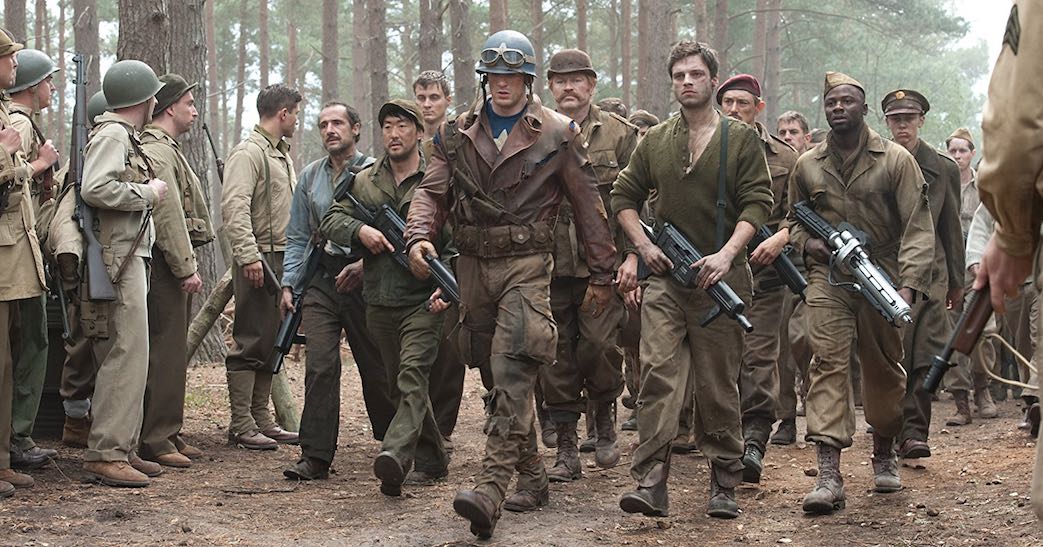 Kenneth Choi, Chris Evans, JJ Feild, Neal McDonough, Bruno Ricci, Derek Luke, and Sebastian Stan in Captain America- The First Avenger (2011)