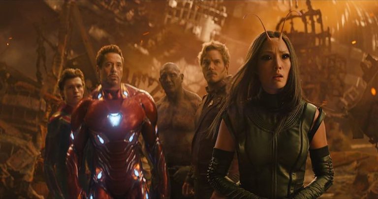 Robert Downey Jr., Chris Pratt, Dave Bautista, Pom Klementieff, and Tom Holland in Avengers- Infinity War (2018)
