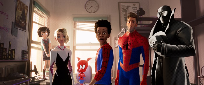 Peni Parker (Kimiko Glenn), Spider-Gwen (Haley Steinfeld), Spider-Ham (John Mulaney), Miles Morales (Shameik Moore), Peter Parker (Jake Johnson), and Spider-Man Noir (Nicolas Cage) in Columbia Pictures and Sony Pictures Animation’s SPIDER-MAN: INTO THE SPIDER-VERSE. Photo Credit Sony Pictures Animation.