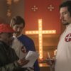 Spike Lee, Topher Grace, and Adam Driver in BlacKkKlansman (2018). Copyright Focus Features.