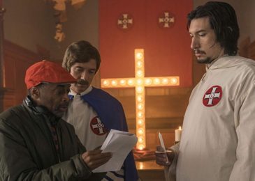 Spike Lee, Topher Grace, and Adam Driver in BlacKkKlansman (2018). Copyright Focus Features.