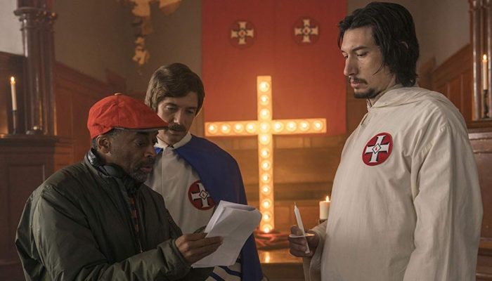 Spike Lee, Topher Grace, and Adam Driver in BlacKkKlansman (2018). Copyright Focus Features.