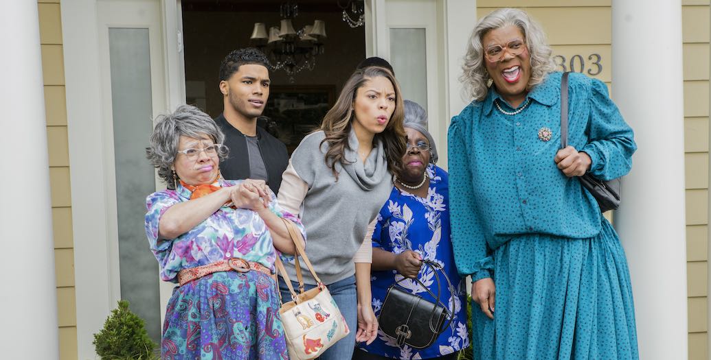 Hattie (Patrice Lovely), Jesse (Rome Flynn), Silvia (Ciera Payton), Aunt Bam (Cassi Davis), and Madea (Tyler Perry) in A MADEA FAMILY FUNERAL. Photo by: Chip Bergman.