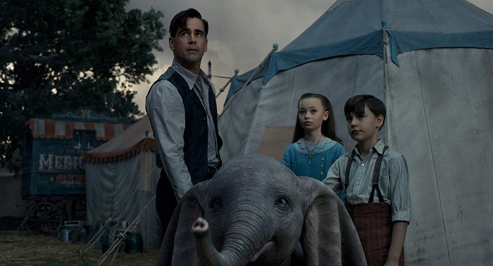 Colin Farrell, Nico Parker, and Finley Hobbins in Dumbo, courtesy Walt Disney Studios Motion Pictures.