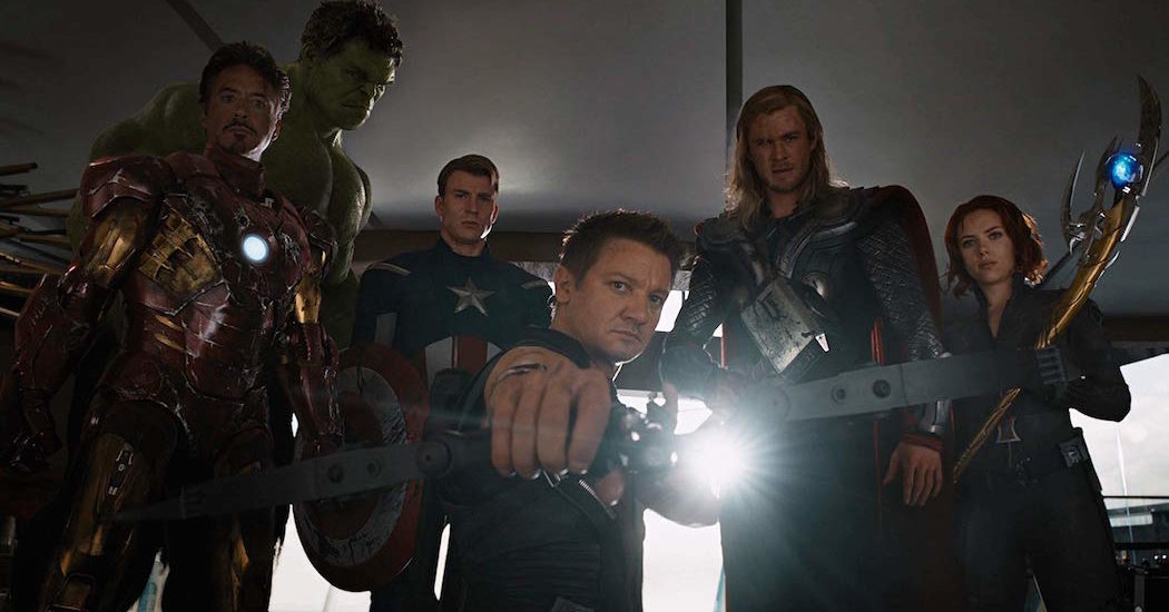 Robert Downey Jr., Chris Evans, Scarlett Johansson, Jeremy Renner, Mark Ruffalo, and Chris Hemsworth in Marvel's The Avengers (2012)