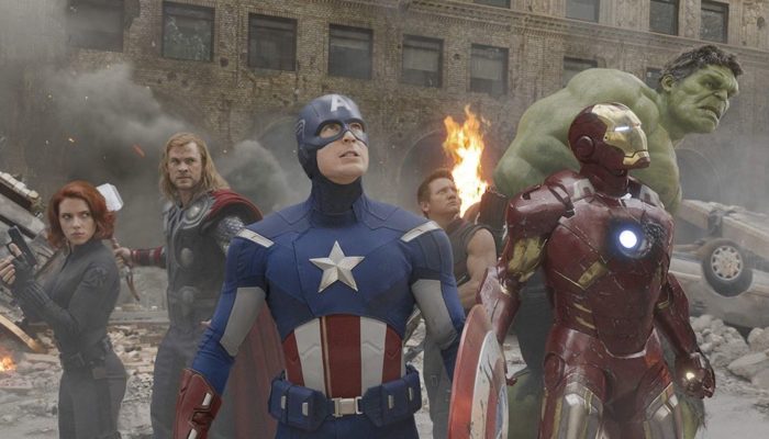 Robert Downey Jr., Chris Evans, Scarlett Johansson, Jeremy Renner, Mark Ruffalo, and Chris Hemsworth in The Avengers (2012)