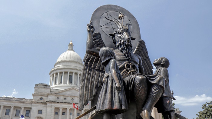 Baphomet monument in front of the state capitol building in Little Rock, AR featured in HAIL SATAN?, a Magnolia Pictures release. Photo courtesy of Magnolia Pictures.