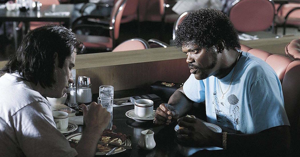 Samuel L. Jackson and John Travolta Enjoy Breakfast at Hawthorne's in Pulp Fiction (1994)