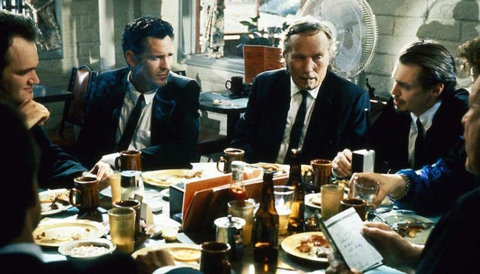 Steve Buscemi, Quentin Tarantino, Michael Madsen, Edward Bunker, and Lawrence Tierney Exchange Dialogue in Quentin Tarantino's Reservoir Dogs